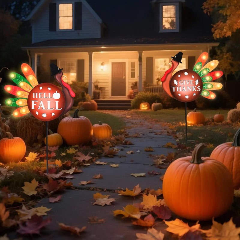 VCUTEKA Fall Yard Decor Outdoor Autumn Harvest Garden Stakes with LED Light Autumn Two Turkeys Yard Sign with Stakes Fall Thanksgiving Decoration for Home Outside Lawn Garden Holiday Decor - Image 2